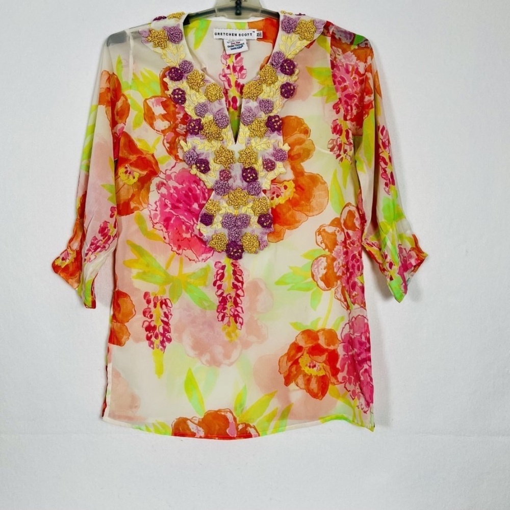 Gretchen Scott Sheer Floral Tunic Textured Floral Neckline Size Med Colorful